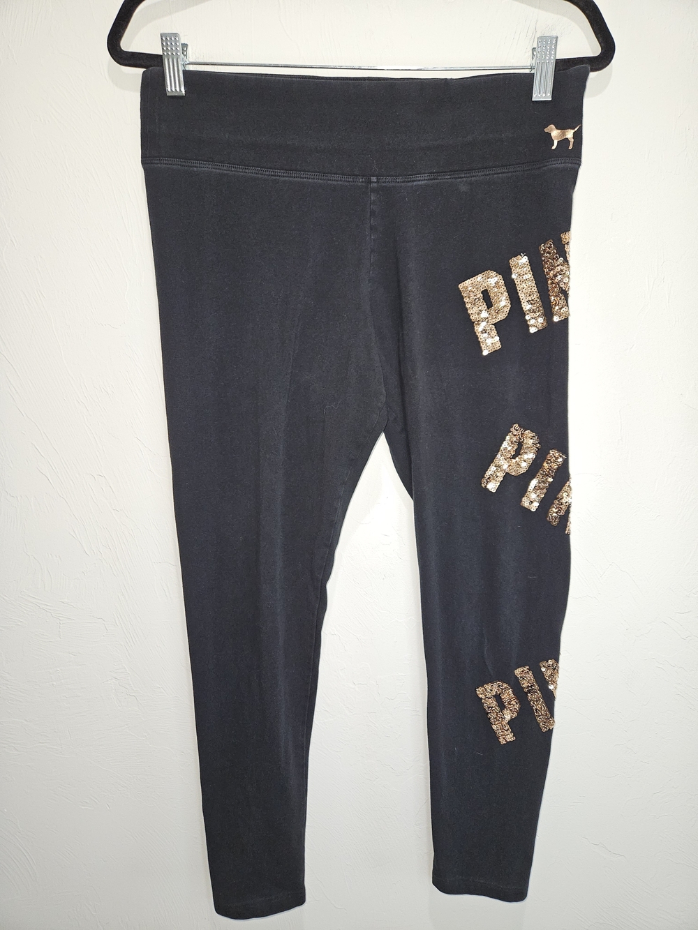 Victoria's Secret PINK Black Sequin Logo Rose Gold Leggings Women's Large - Picture 7 of 13